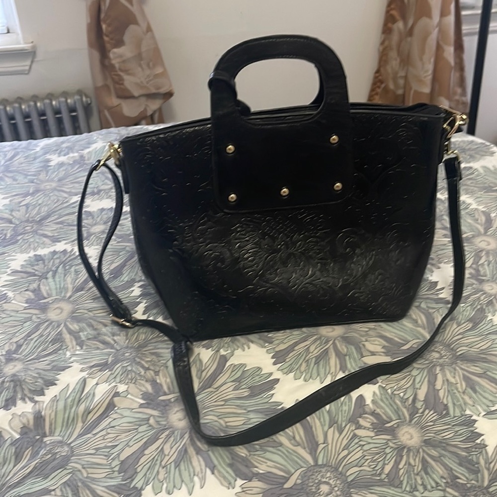 Black leather satchel with removable crossbody strap